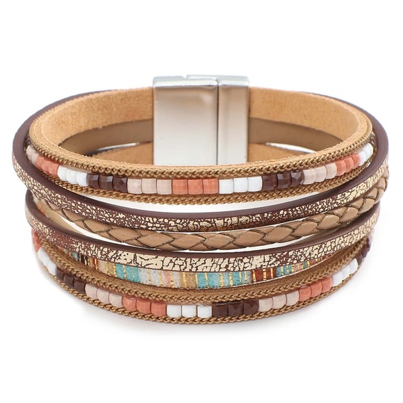 Boho Vegan Leather Multicolor Beads Magnetic Closure Bracelet - Picture 2 of 7
